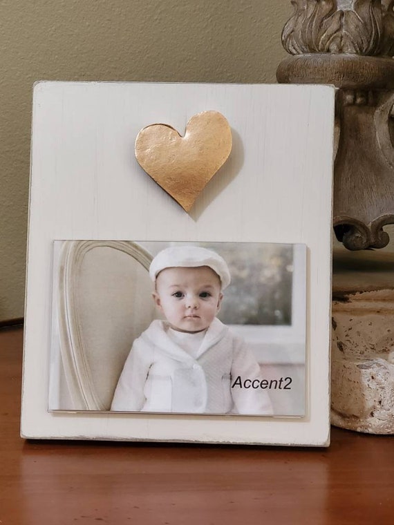Handmade Distressed Wood Picture Frame: Oyster White with Gold Leaf Heart
