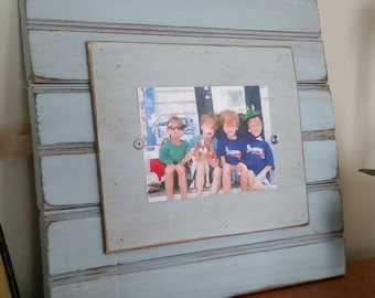 Handmade Beadboard Picture Frame - to hold 5x7 photo. Nottaway Blue aged finish with a wood mat.