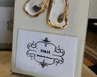 Oyster Shells With Gold Leaf on Handmade Wood Frame - Painted and Distressed White - Coastal - Gift - Beach For 4x6 Photo