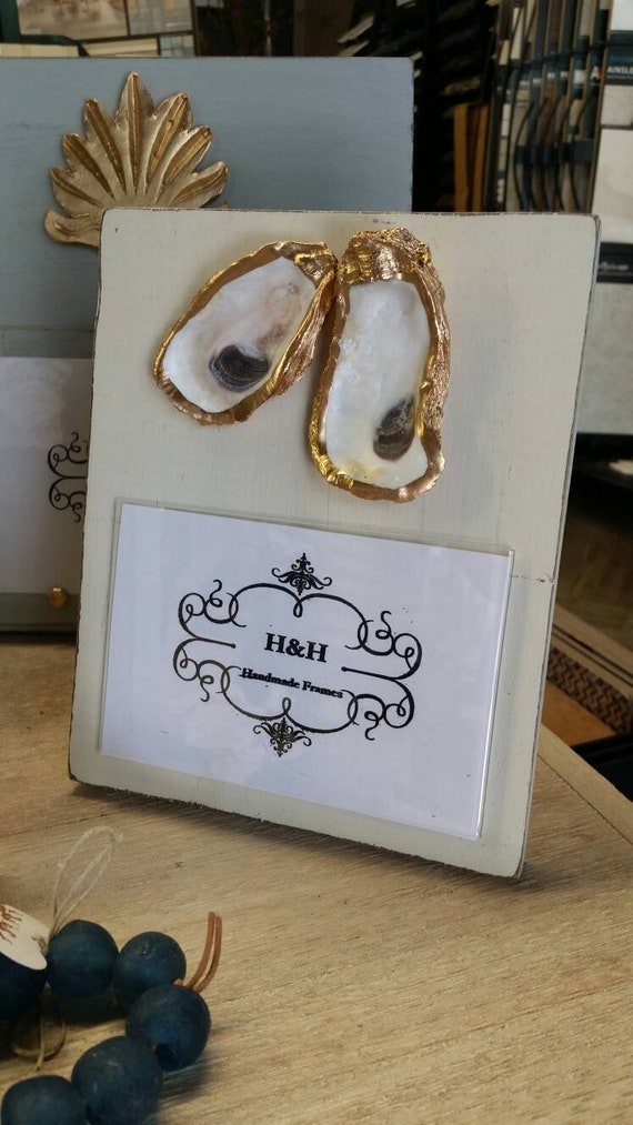 Gold Leaf Oyster Shell Picture Frame: Distressed White Coastal Decor