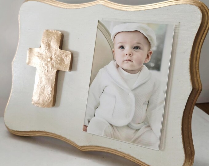 Featured listing image: Shaped Frame Gold Large Crown 4x6 Photo Frame Painted Oyster White  Distessed - Baby Gift- Wedding- Birthday- Hostess.