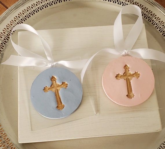 Handmade Gold Cross Intaglio Ornament: Baby Shower Christening Gift Wreath Ornament
