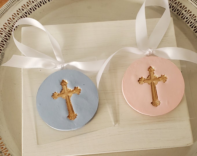Featured listing image: Hanging Gold Cross Intaglio Ornaments on Acrylic - Baby Shower Gift - Religious - Christening Gift, Baptism - Gender Reveal.