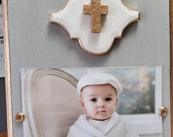 Gold Gilded Cross Frame For 5x7 Horizontal Photo Painted Distressed Gray, Christening Baby, Weddings Gift - Baptism- Baby Shower.