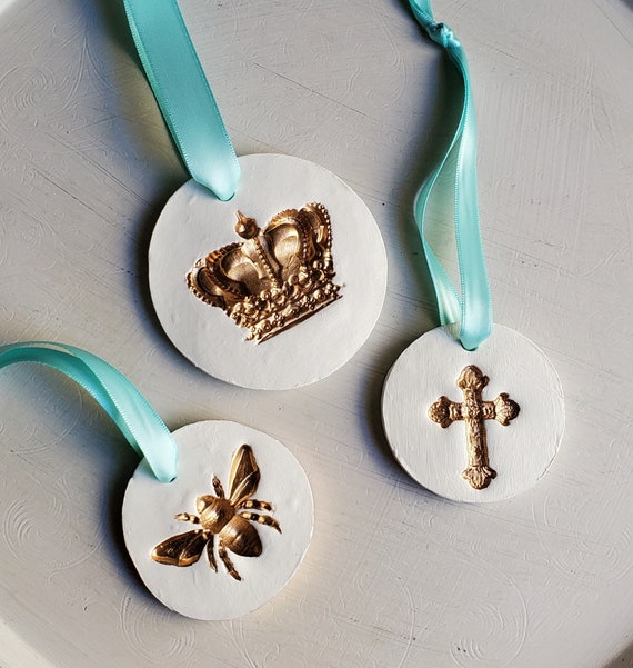 Gold Leaf Intaglio Ornament: Handmade Religious Gift with Satin Ribbon