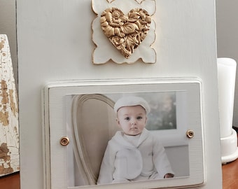 Handmade Distressed Wood Picture Frame: Oyster White, Gold Leaf Flower Heart