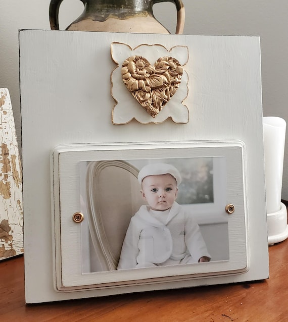Handmade Distressed Wood Picture Frame: Oyster White, Gold Leaf Flower Heart