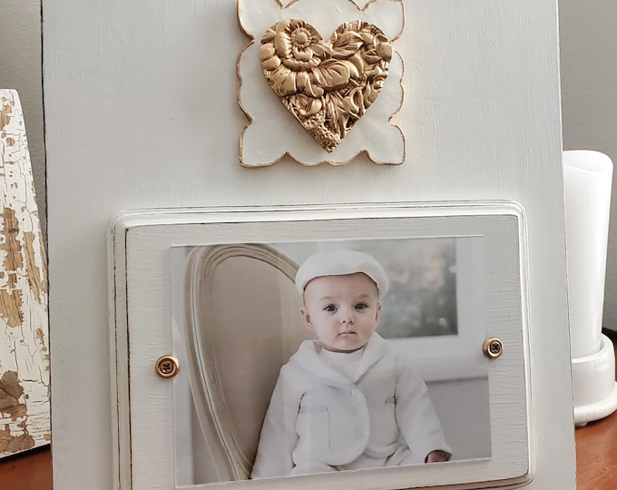 Featured listing image: Handmade Distressed Wood Picture Frame: Oyster White, Gold Leaf Flower Heart