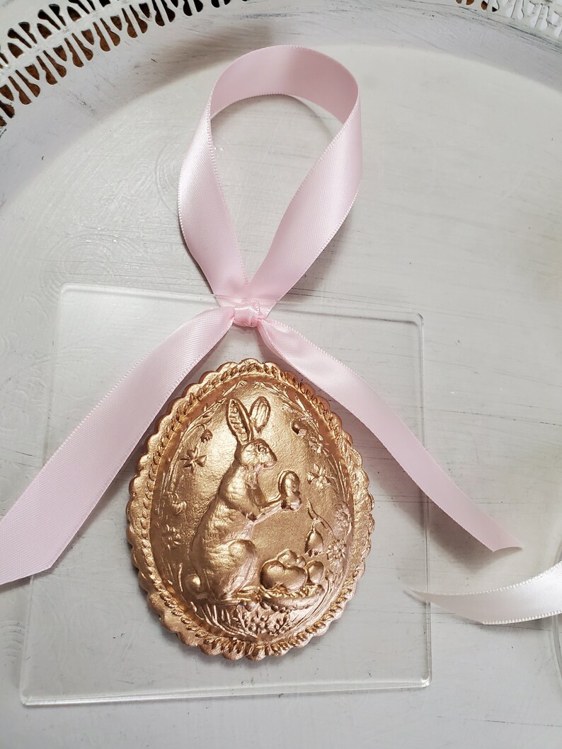 Gold Handmade Clay Ornament On Acrylic Hostess Gift Housewarming Gift Easter Rabbit Baby Shower image 1