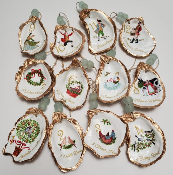 Oyster Shell 12 Days of Christmas Ornaments: Gold Leaf & Aqua Beads