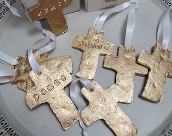 Gold Handmade Small Clay Hanging Cross - Ornaments - Christmas -  Or Gift Tags - Blessing - Hostess Gift - Housewarming