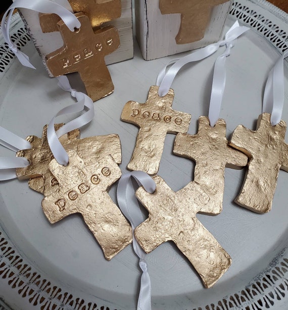 Handmade Gold Clay Cross Ornament: Stamped Blessing Gift Tag