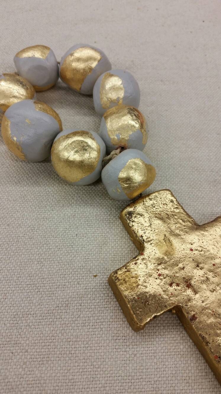 Grey Blessing Beads Jumbo Clay Handmade With Gold Leaf And Cross