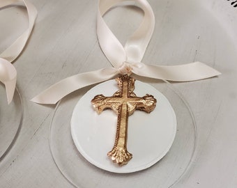 Hanging Gold Intaglio Ornaments on Acrylic - Tall Cross - Christmas Gift - Religious - Blessing - Hostess Gift - Christening Gift