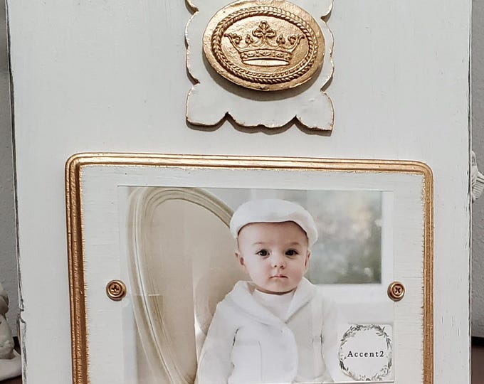Featured listing image: Handmade Distressed Wood Picture Frame: Oyster White, Gold Leaf Oval Crown Intaglio on Shaped Tile with Gold Edges 5x7 Photo