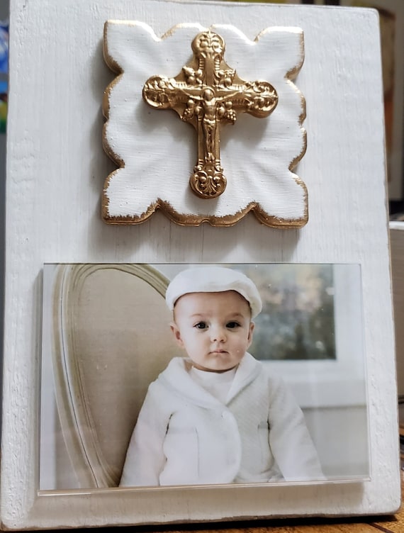Gold Crucifix Photo Frame: Distressed Oyster White, Religious Gift
