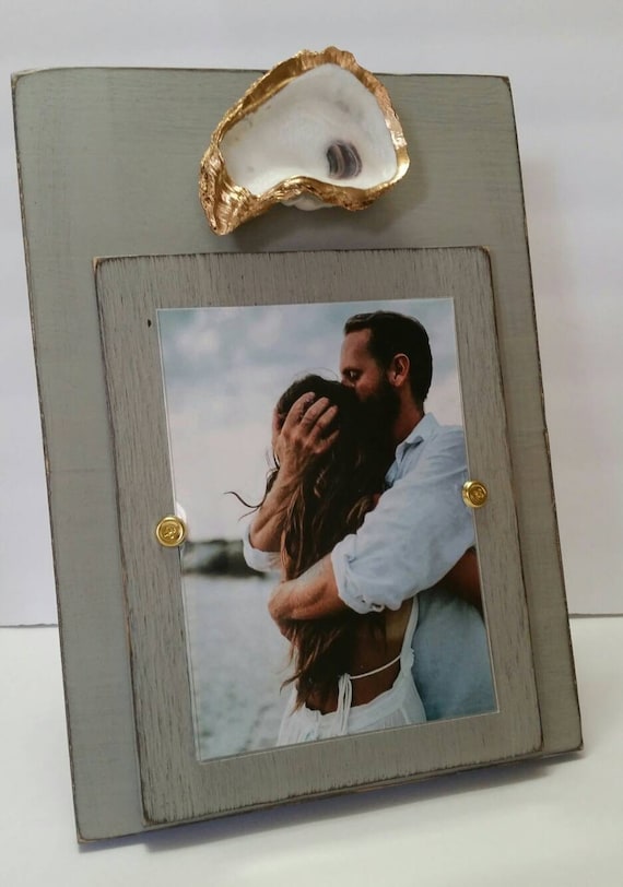 Oyster Shell Gold Leaf Picture Frame: Handmade Distressed Gray Wood, Coastal Decor