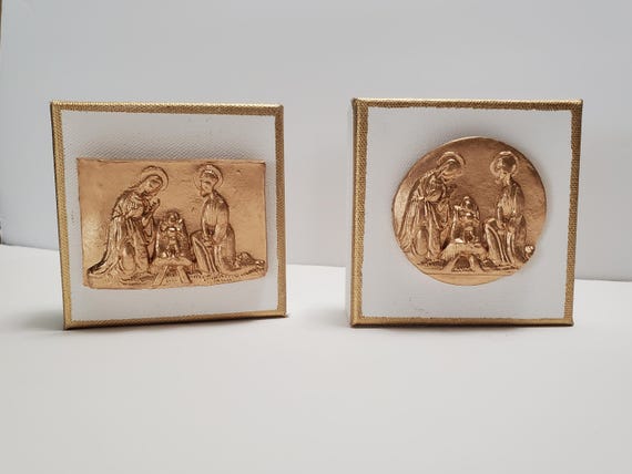 Nativity Scene Canvas With Gold 5x5 - Hostess Gift- Blessing - A Happy Gift - Housewarming Gift - Holiday Decorations - Religious Gift.