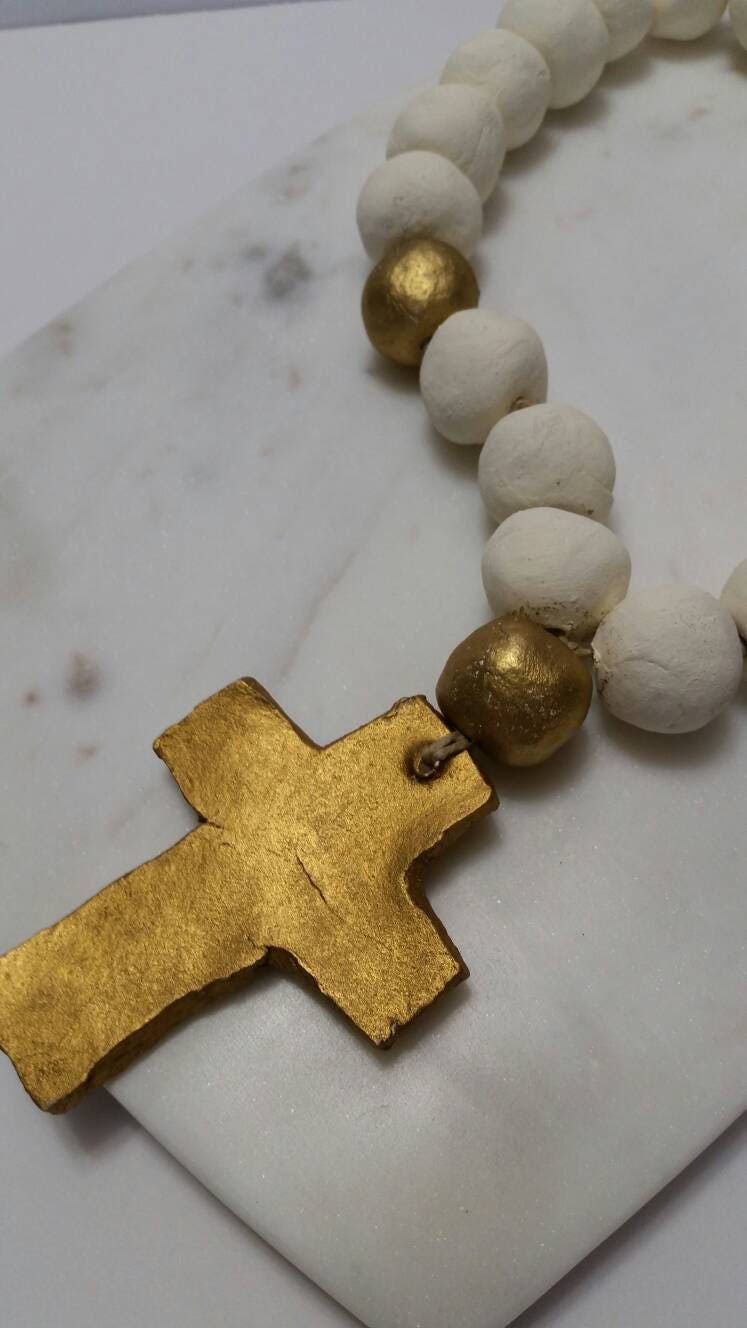 White Blessing Beads Clay Handmade With Gold Leaf And Cross Wedding