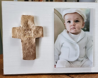 Gold Gilded Cross Personalized With Initial Wood Frame 4x6 Vertical Photo Painted Distressed Oyster White Christening Baby Weddings Gift