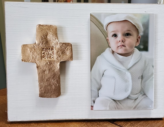 Personalized Gold Cross Wood Picture Frame: Distressed Oyster White, 4x6