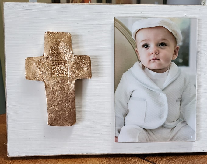 Featured listing image: Gold Gilded Cross Personalized With Initial Wood Frame 4x6 Vertical Photo Painted Distressed Oyster White Christening Baby Weddings Gift