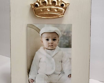 Handmade Wood Frame 4x6 Vertical Photo Painted Off White Distressed With A Gold Clay Crown - Wedding - Baby - Baptism - House Warming Gift.