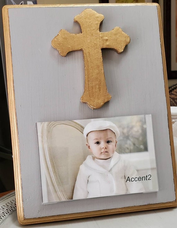 Gold Cross Frame 4x6 Photo Frame Painted Paris Gray Distessed - Baby Gift- Wedding- Birthday- Hostess