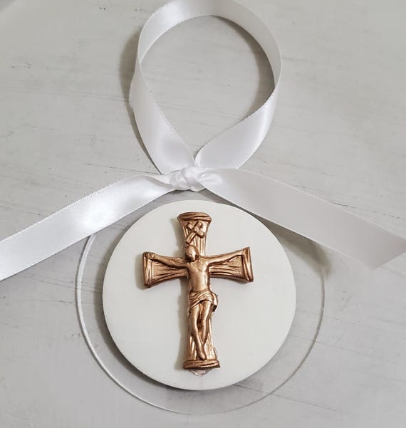 Gold Leaf Crucifix Intaglio Ornament: Handmade Acrylic Cross, Religious Gift