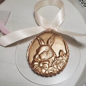 Gold Handmade Clay Ornament On Acrylic Hostess Gift Housewarming Gift Easter Rabbit Baby Shower image 2