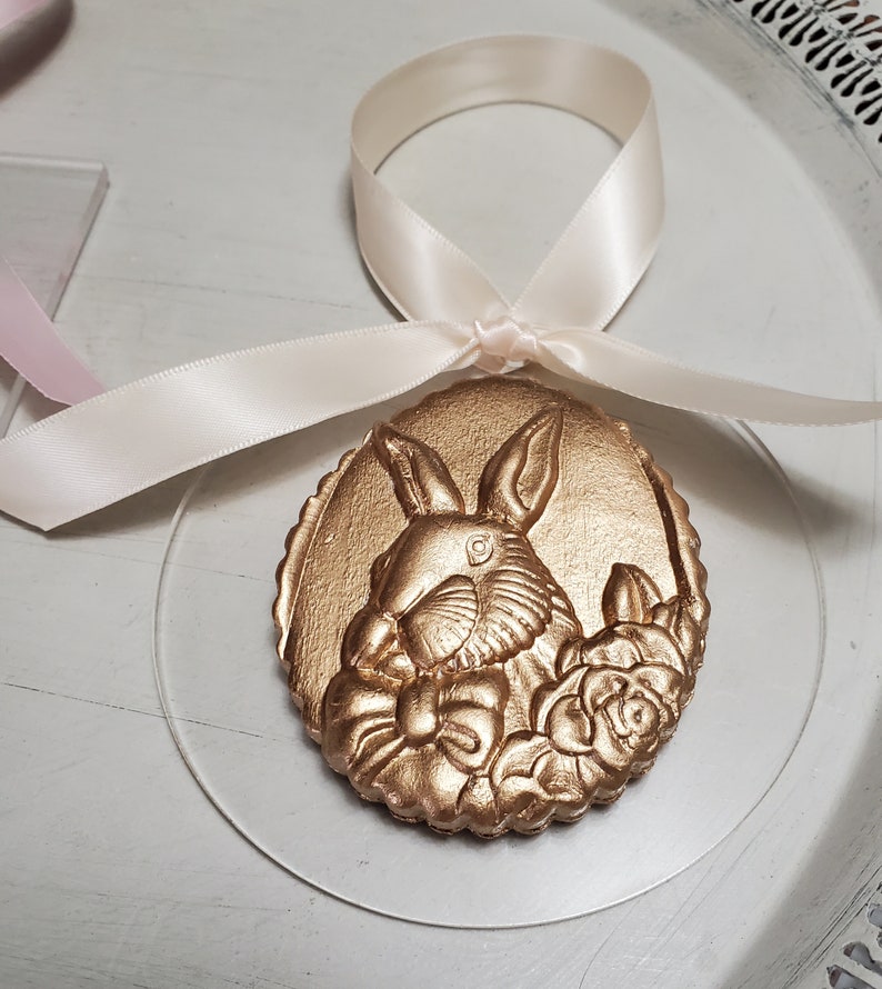 Gold Handmade Clay Ornament On Acrylic Hostess Gift Housewarming Gift Easter Rabbit Baby Shower image 2