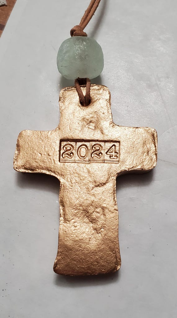 Gold Leaf Clay Cross Ornament: Handmade Recycled Glass Blessing Gift