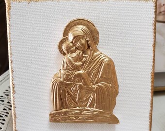 Mother and Child Canvas With Gold 4x4 - Hostess Gift- Holidays - A Happy Gift - Housewarming Gift - Holiday Decorations - Religious Gift.