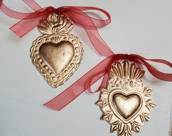 Hanging Sacred Heart Gold Leaf Handmade Clay Ornament - Christmas Gift - Catholic - Blessing - Hostess Gift - Housewarming - First Communion