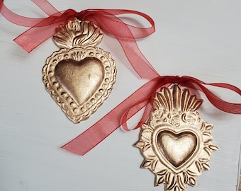 Hanging Sacred Heart Gold Leaf Handmade Clay Ornament - Christmas Gift - Catholic - Blessing - Hostess Gift - Housewarming - First Communion