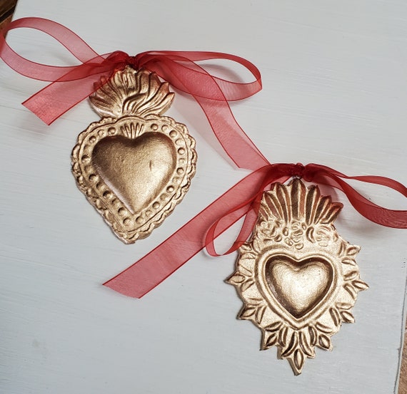 Gold Leaf Sacred Heart Ornament: Handmade Clay Catholic Gift Wreath Ornament Charm