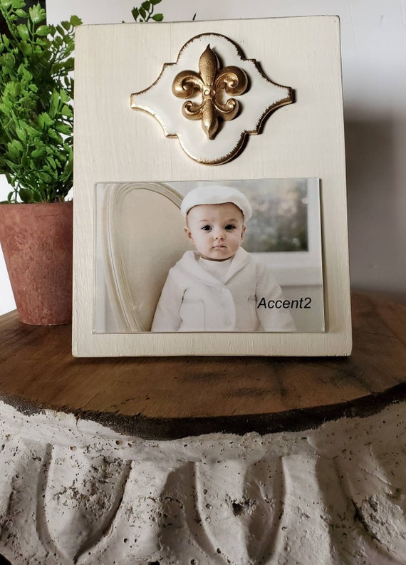 Gold Fleur-de-lis Photo Frame: Distressed Christening Gift (4x6 Horizontal)