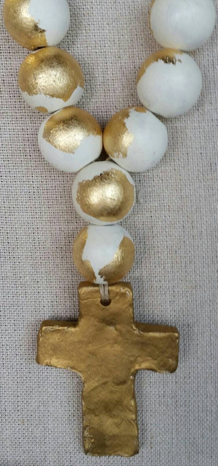 Blessing Beads Wood With Gold Leaf Handmade Clay Cross Wedding Gift