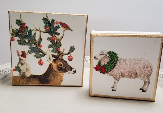 Reindeer Design On Canvas With Gold Leaf Accents 5x5 - Hostess Gift-   Christmas - A Happy Gift - Housewarming Gift - Holiday Decoration
