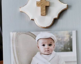 Gold Gilded Tile With Gold Cross Frame 4x6 Horizontal Photo Painted Oyster White or Franciscan Gray Weddings Gift - Baby Shower Gift