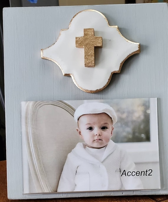 Gold Cross Photo Frame: Distressed Wood, Gilded Tile (4x6 Horizontal)