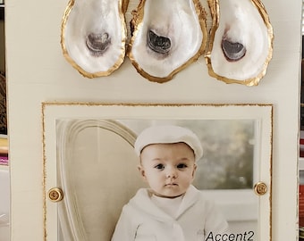 Oysters With Gold Leaf on Handmade Wood Picture Frame - Painted and Distressed Old White - Coastal - Gift - Beach.