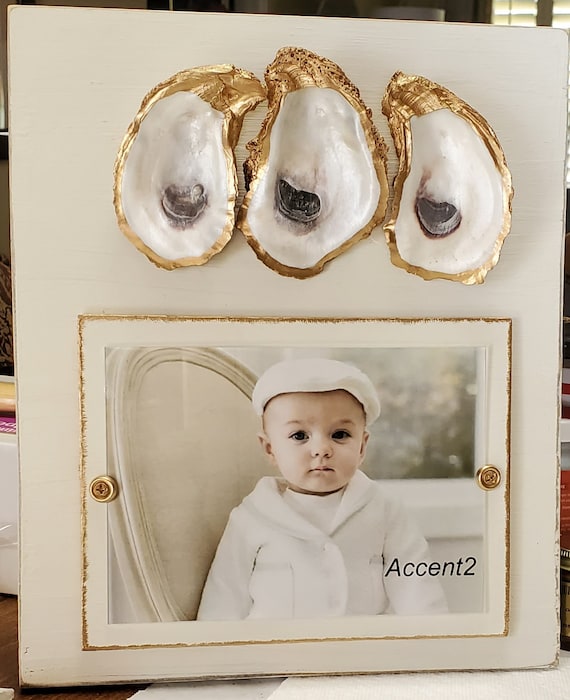 Oyster Shell Picture Frame: Gold Leaf, Distressed White Wood, Coastal Decor