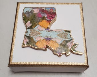 State of Louisiana on Canvas With  and Gold 6x6 - Hostess Gift- Holidays - A Happy Gift - Housewarming Gift - Birthday.