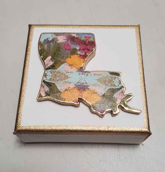 State of Louisiana on Canvas With  and Gold 6x6 - Hostess Gift- Holidays - A Happy Gift - Housewarming Gift - Birthday.