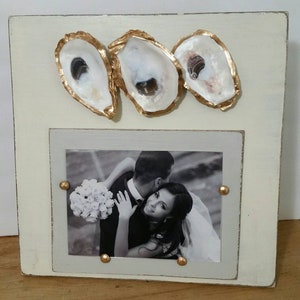 Oysters With Gold Leaf on Handmade Wood Picture Frame - Painted and Distressed Old White - Coastal - Gift - Beach.