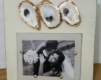 Oysters With Gold Leaf on Handmade Wood Picture Frame - Painted and Distressed Old White - Coastal - Gift - Beach.