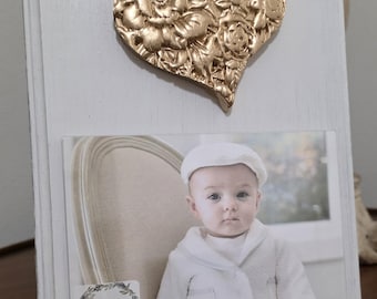Handmade Frame with Gold Leaf Large Floral Heart 5x7 Horizontal Photo Baby Gift, Wedding, Birthday Gift.