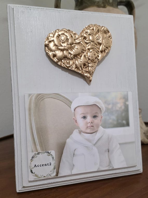 Handmade Frame with Gold Leaf Large Floral Heart 5x7 Horizontal Photo Baby Gift, Wedding, Birthday Gift.