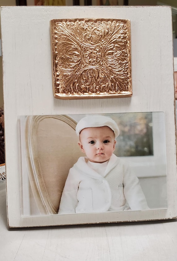 Handmade Wood Frame 4x6 Photo Painted Off White Distressed With A Gold Leaf Deco Design.
